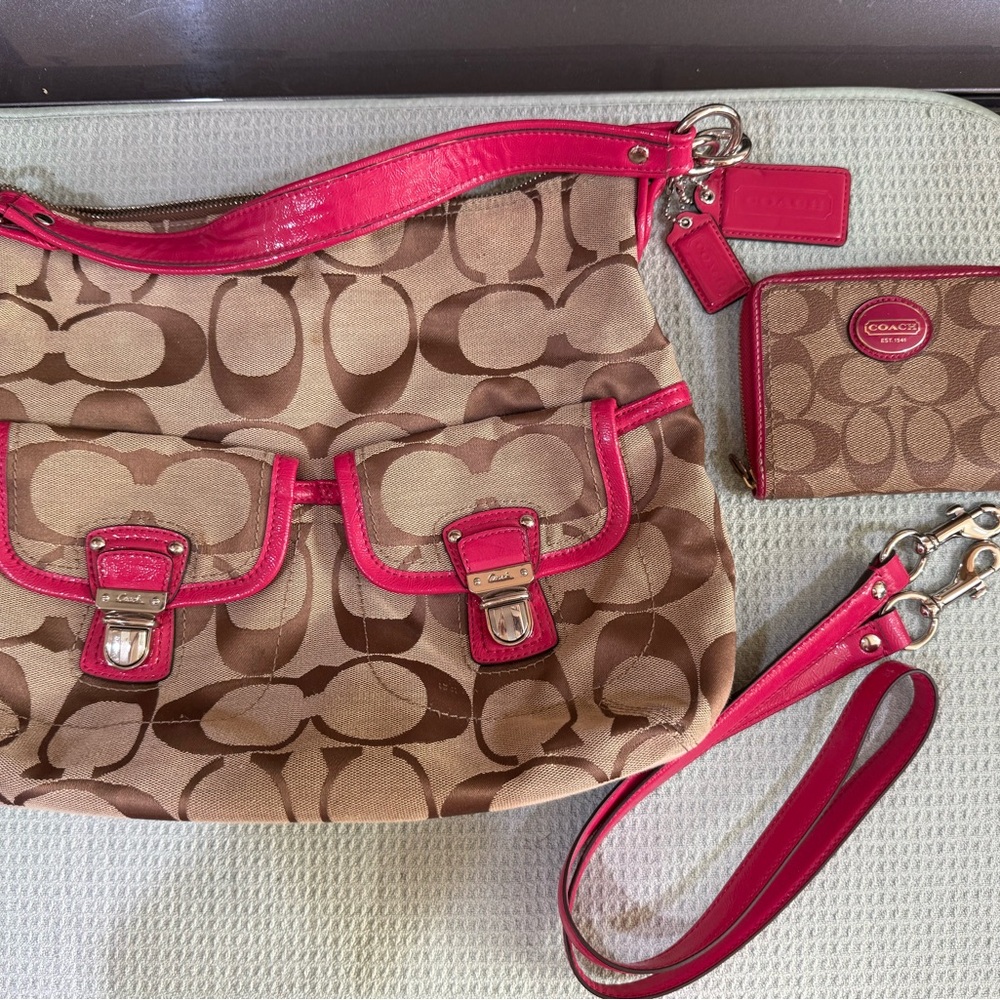 Coach Brown and Pink Signature Shoulder Bag and wallet